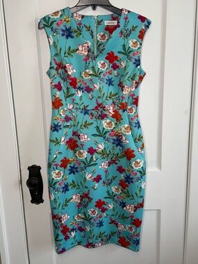 Calvin Klein | Teal Floral V Neck Sleeveless Multicolor Floral Printed Dress